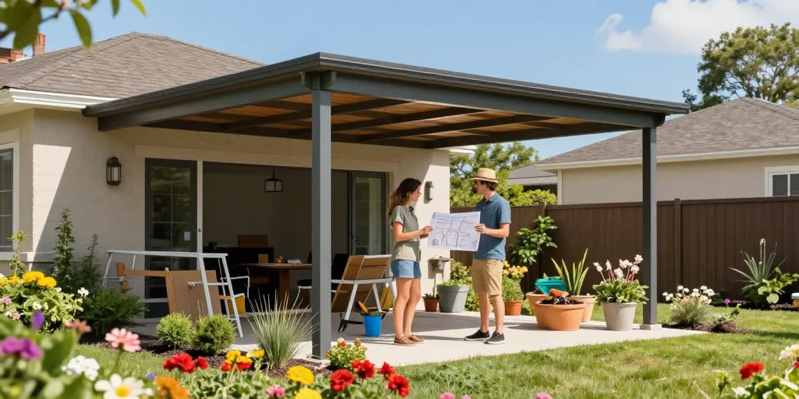Moderne Carport-Installation mit einem Paar, das Pläne in einem einladenden Garten prüft.