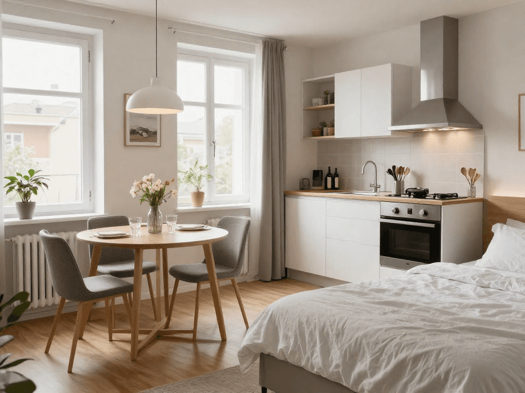 Komfortables Monteurzimmer in Hannover mit voll ausgestatteter Küche und einladendem Wohnbereich.