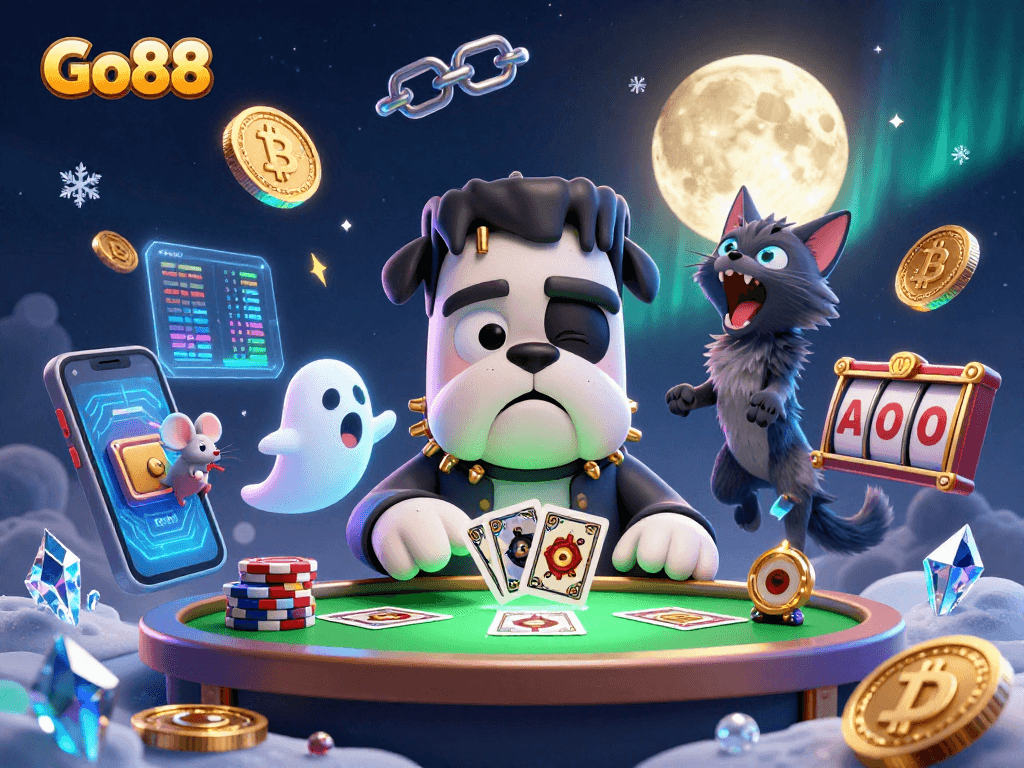 Experience immersive gaming at Go88 with a vibrant 3D cartoon illustration featuring a Frankenstein bulldog dealer surrounded by casino elements.