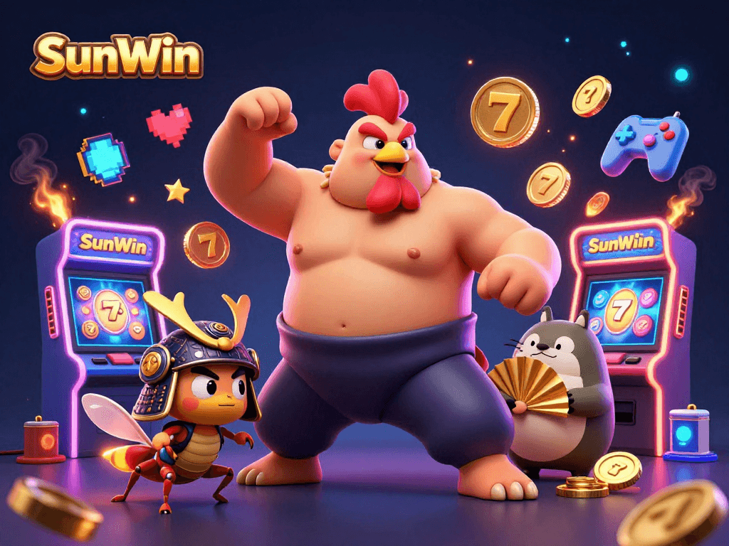 Experience the excitement at SunWin with a powerful sumo wrestler and samurai-themed characters in a colorful casino world.