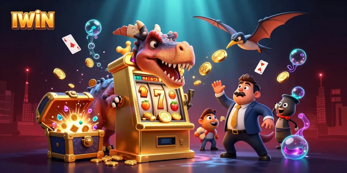 IWIN offers thrilling jackpots where a dinosaur hits a slot machine amidst flying coins, perfect for casino enthusiasts.