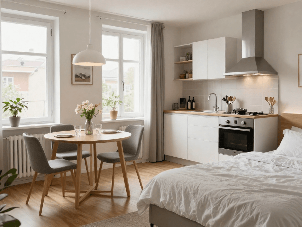 Komfortables Monteurzimmer in Hannover mit voll ausgestatteter Küche und einladendem Wohnbereich.