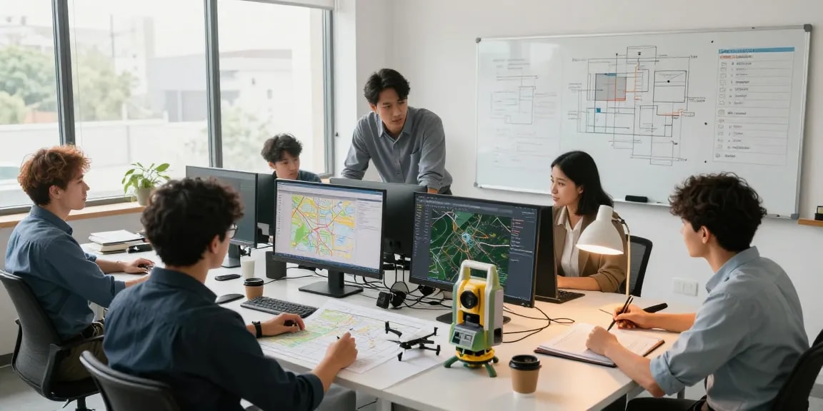 SURVEYING ENGINEERS discussing data analysis and project management with GIS software in a modern office setting.