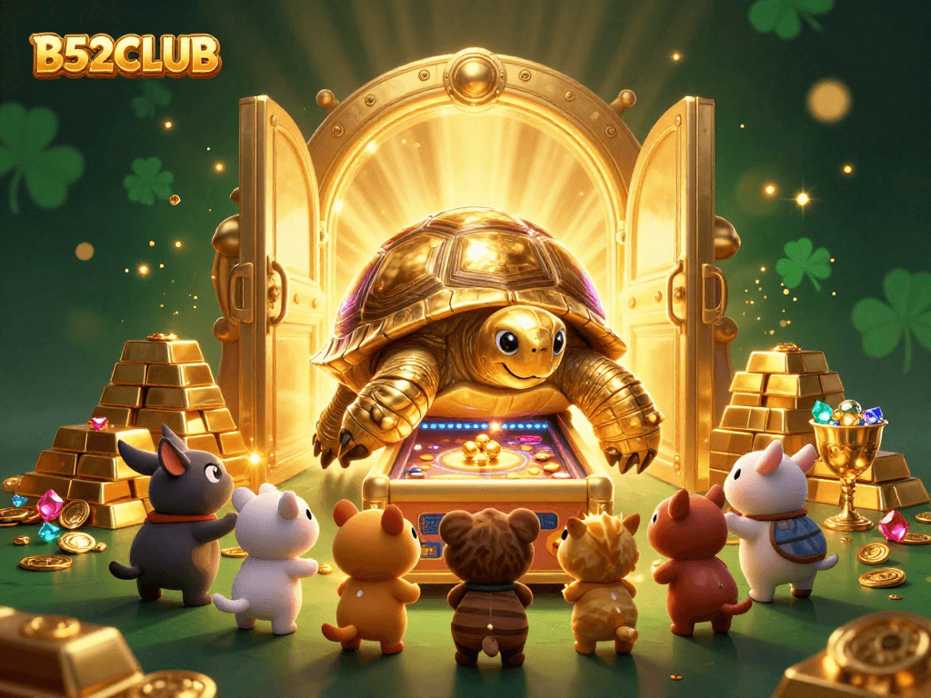 Experience the thrill of wins at B52CLUB with excited animals around a golden tortoise pinball machine.