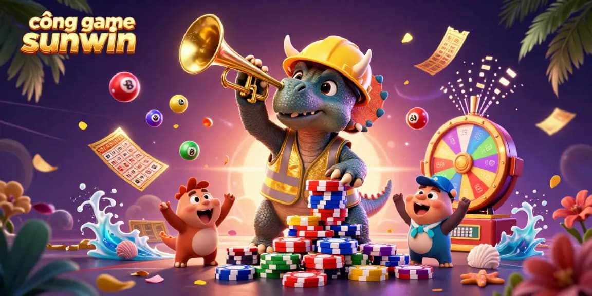 Experience the excitement at cổng game sunwin with vibrant 3D characters building a poker chip pyramid amid dynamic gambling elements.