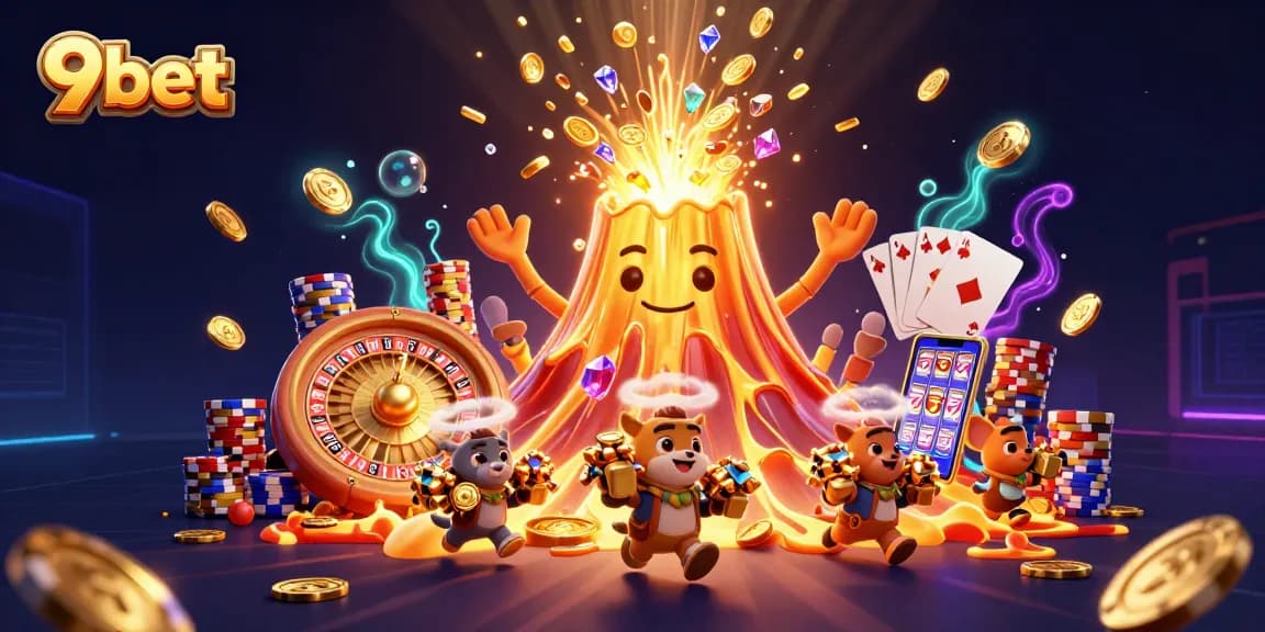 Experience thrilling wins with 9bet in a vibrant 3D casino scene filled with treasures and excitement.