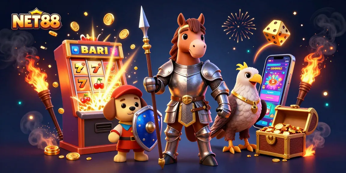 Spin the reels with NET88 at a vibrant casino scene featuring knights, slot machines, and gold treasures.