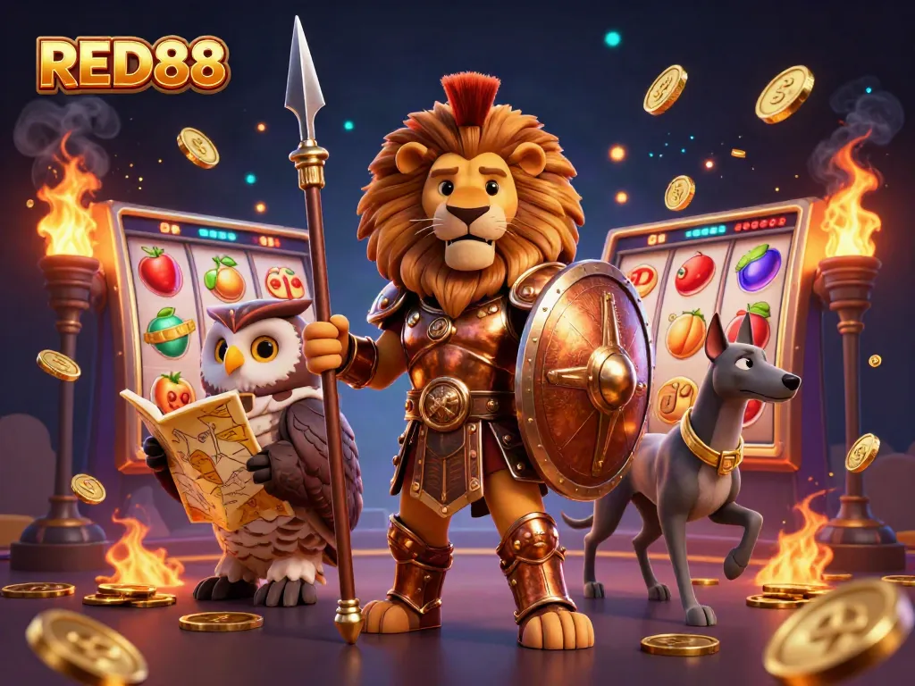 Engage with the dynamic excitement of RED88 as slot reels spin, surrounded by dazzling gold elements.