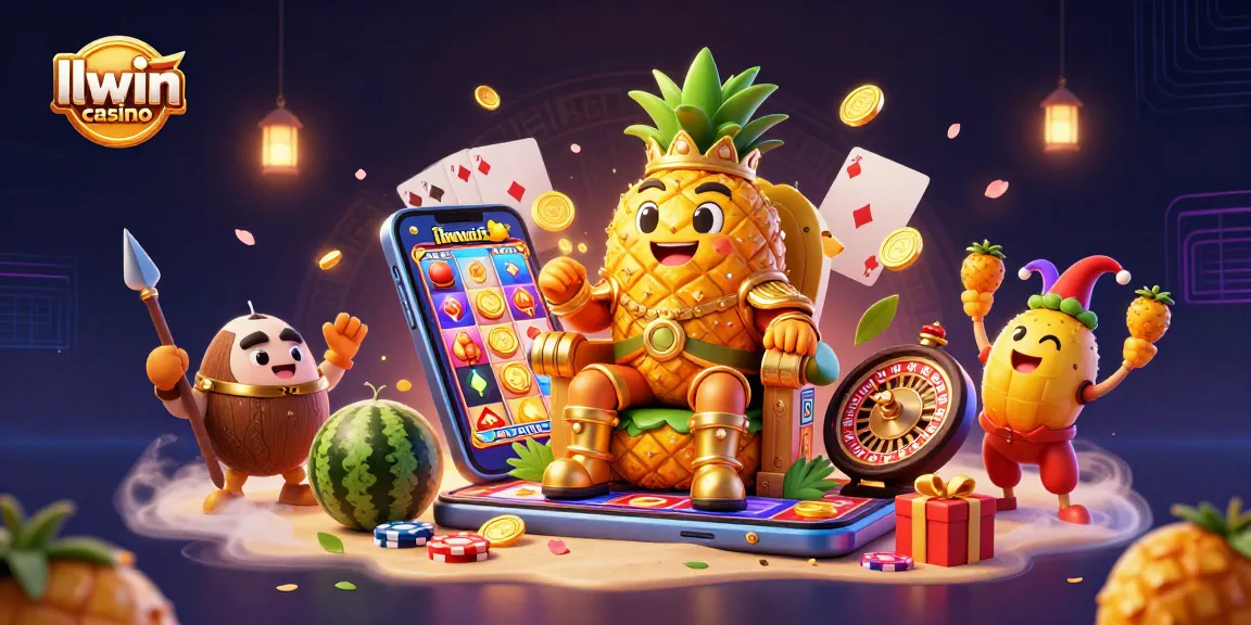 Experience llwin casino excitement with a golden pineapple king and engaging game elements in a vibrant 3D illustration.