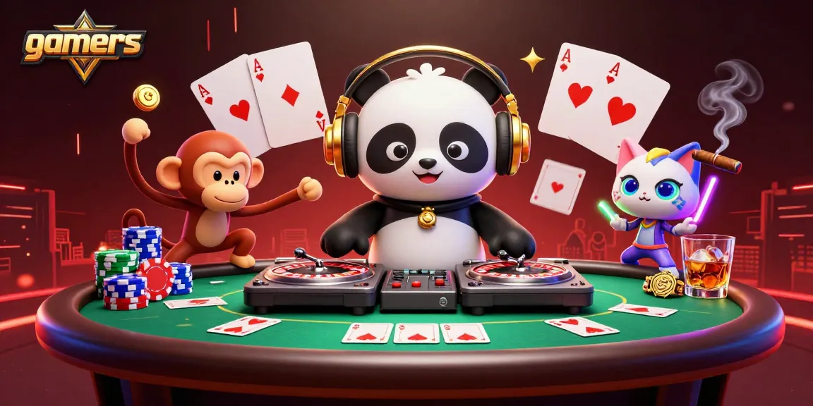 Gamers erleben eine aufregende Casino-Atmosphäre mit einem DJ-Panda und Spieltischen.
