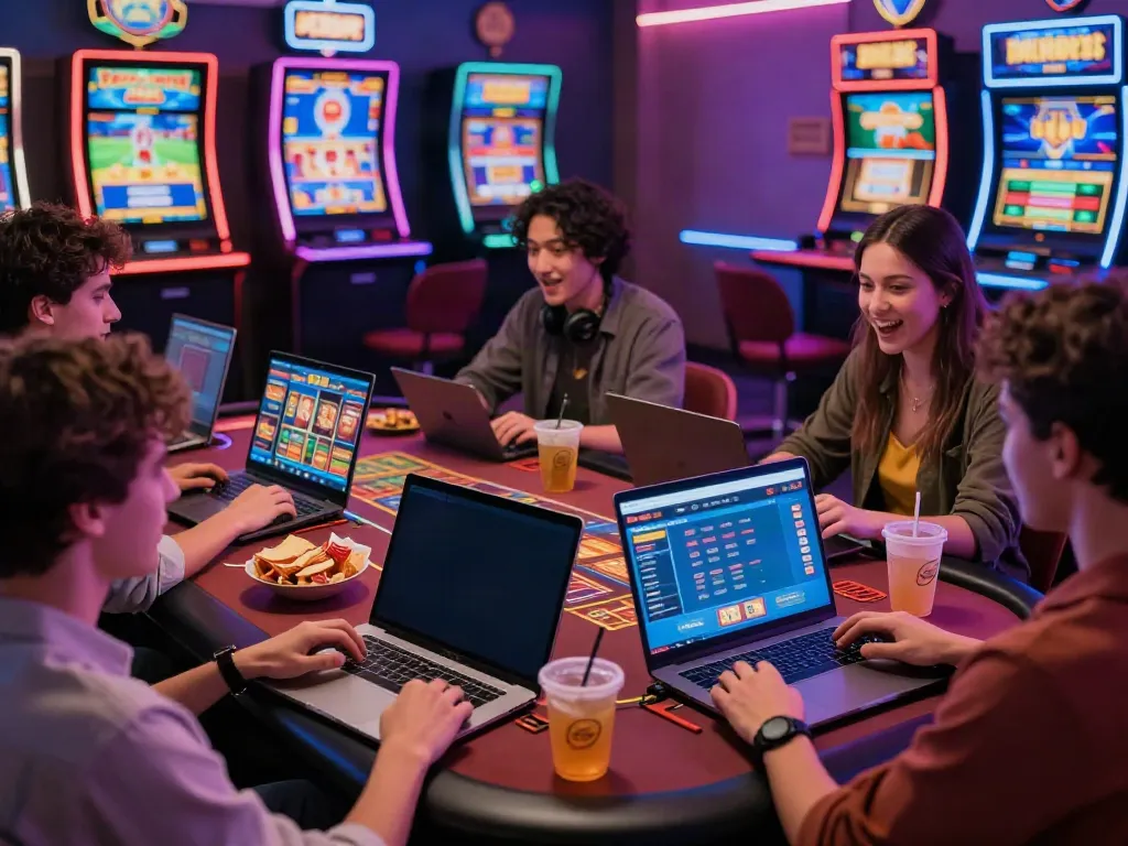 Engaged players exploring Nbet's online casino games in a vibrant setting, showcasing excitement and fun.