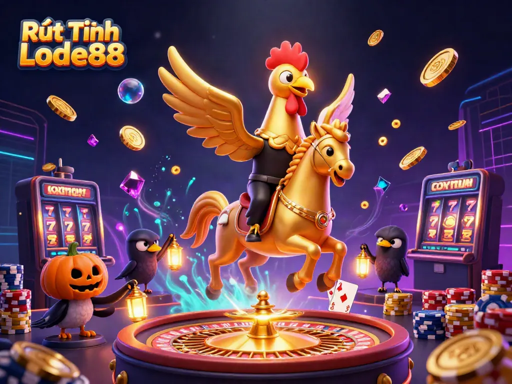 Experience Rút Tiền Lode88 with this stunning casino scene featuring golden rooster characters amidst thrilling gambling elements.