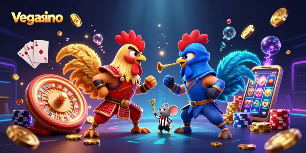 Compete in vegasino casino with fighting roosters and dynamic gaming elements surrounding them.