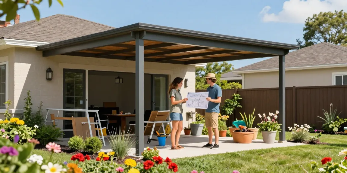 Moderne Carport-Installation mit einem Paar, das Pläne in einem einladenden Garten prüft.
