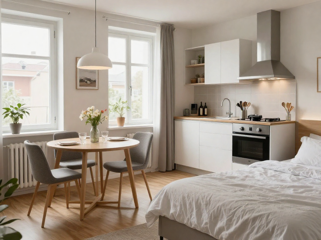Komfortables Monteurzimmer in Hannover mit voll ausgestatteter Küche und einladendem Wohnbereich.