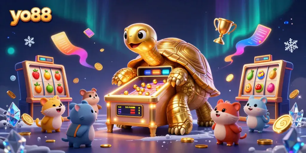 Experience the thrill of casino gaming with yo88, featuring a golden tortoise pinball machine and dynamic slot elements.