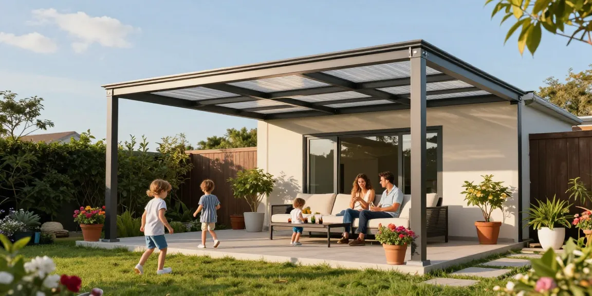 Freistehende Terrassenüberdachung in einem schönen Garten mit Familie, die gemütlich entspannt.