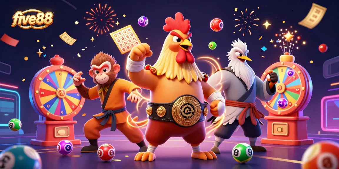 Experience excitement at five88 with a vibrant 3D casino scene featuring colorful lottery elements and festive characters.