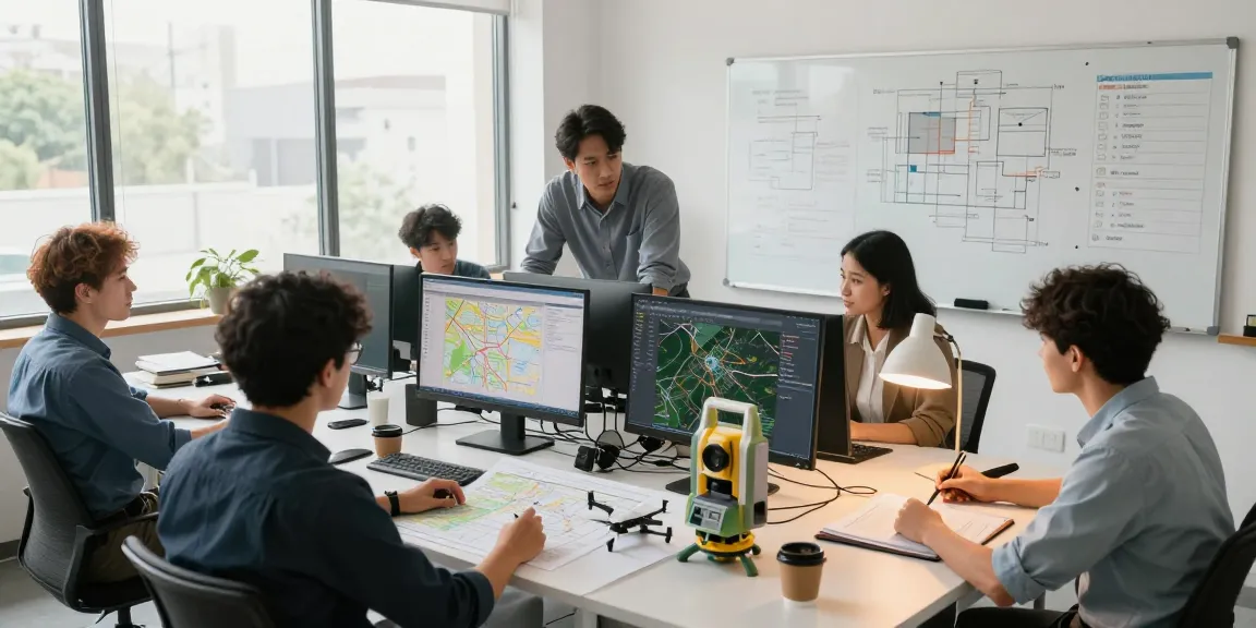 SURVEYING ENGINEERS discussing data analysis and project management with GIS software in a modern office setting.