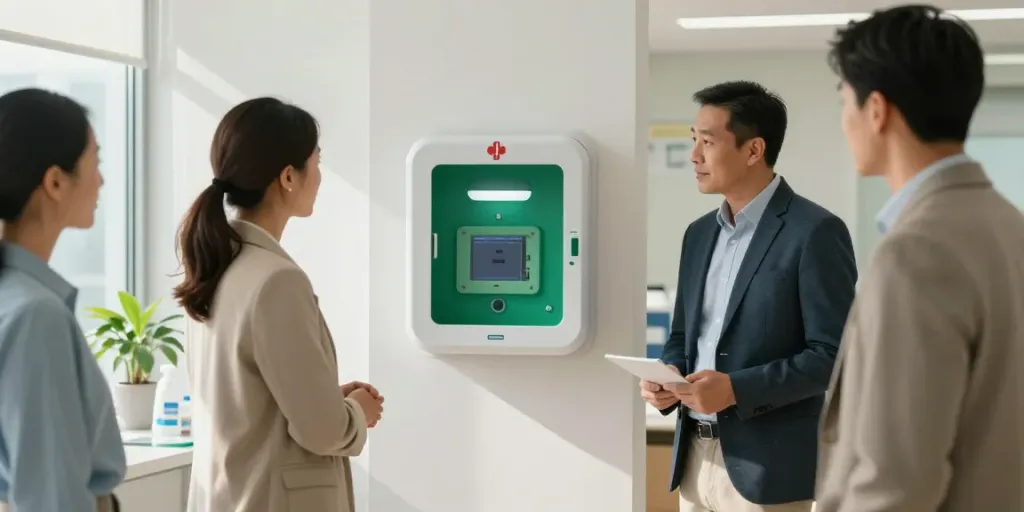 Fachleute besprechen die Platzierung eines AED Defibrillators in einem Büro, um Herzsicherheit zu gewährleisten.
