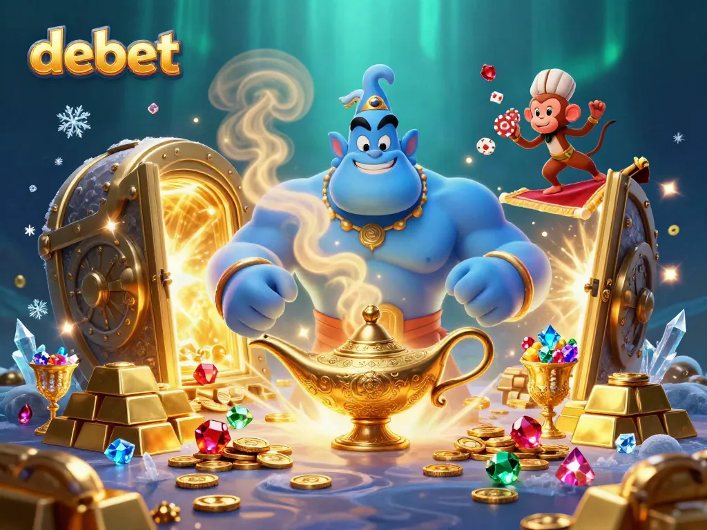 Experience the magic of debet with a genie, treasures, and poker chips in this vibrant casino scene.