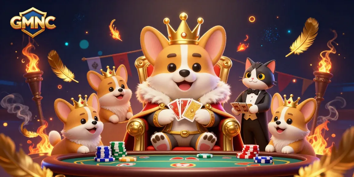 Experience GMNC's vibrant casino scene with a royal corgi and poker elements.
