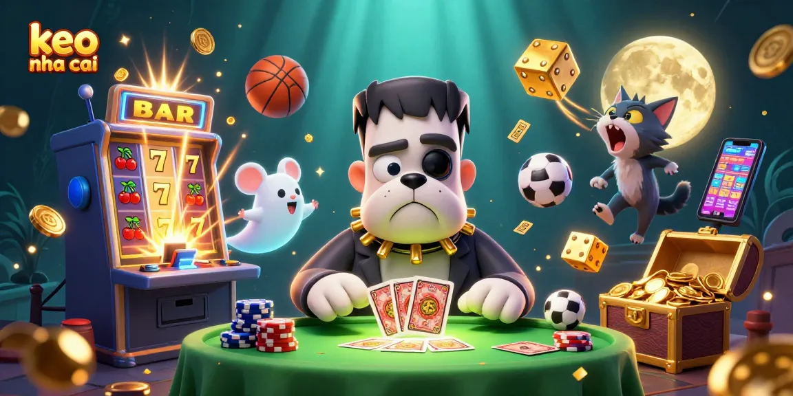 Engage in the excitement with keo nha cai as a 3D Frankenstein bulldog deals cards at a haunted table.