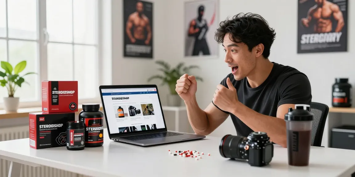 Steroidshop: Fitnessenthusiast beim Online-Shopping für Anabolika und Nahrungsergänzungsmittel.