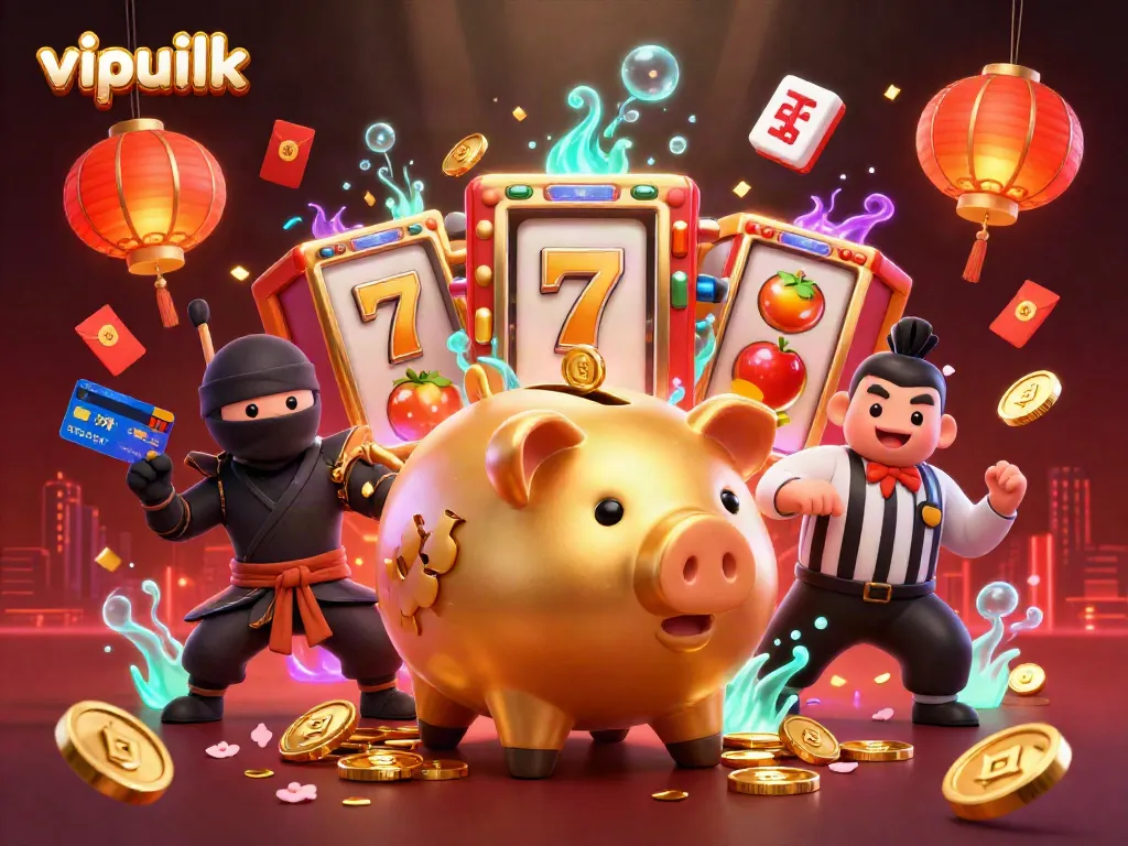 Experience the thrill of vipluck casino with a dynamic golden piggy bank and bonus elements.