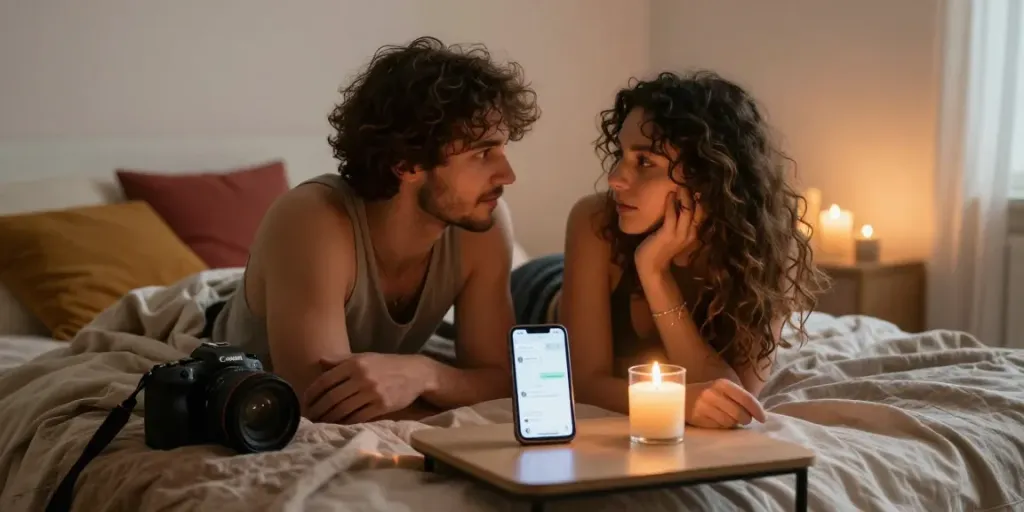 Couple engaged in an intimate sex chat conversation in a cozy bedroom.