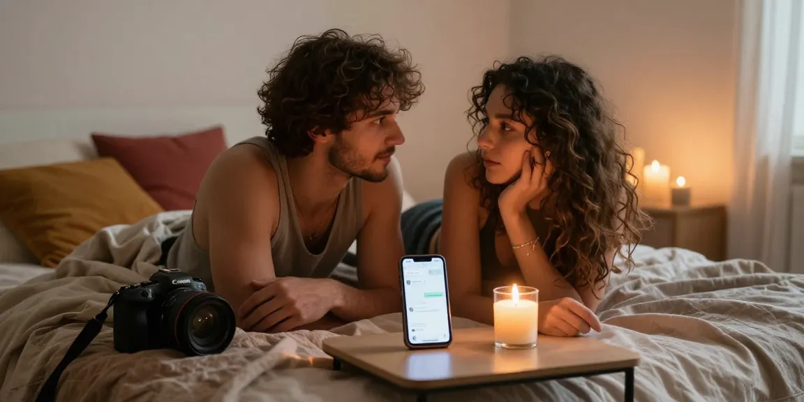 Couple engaged in an intimate sex chat conversation in a cozy bedroom.