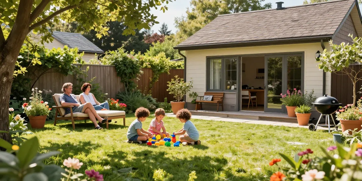 Familie genießt Zeit im Garten Haus, umgeben von bunten Blumen und Pflanzen.