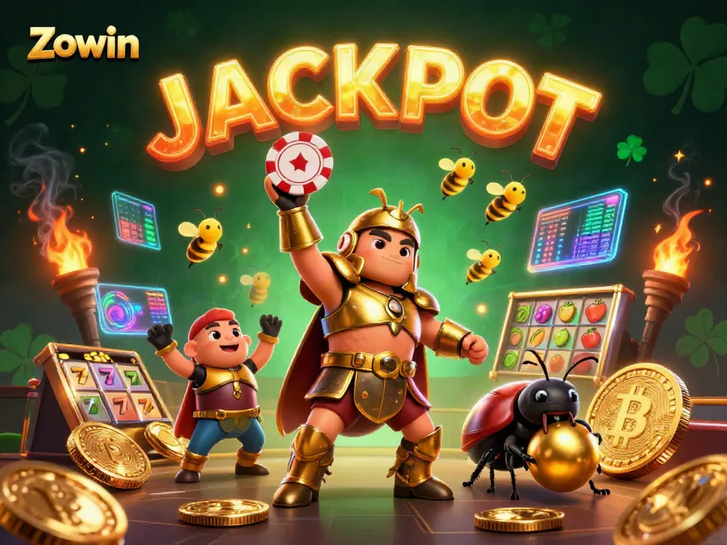 Zowin celebrates at the casino with a victorious beetle, coins, and a glowing jackpot display.