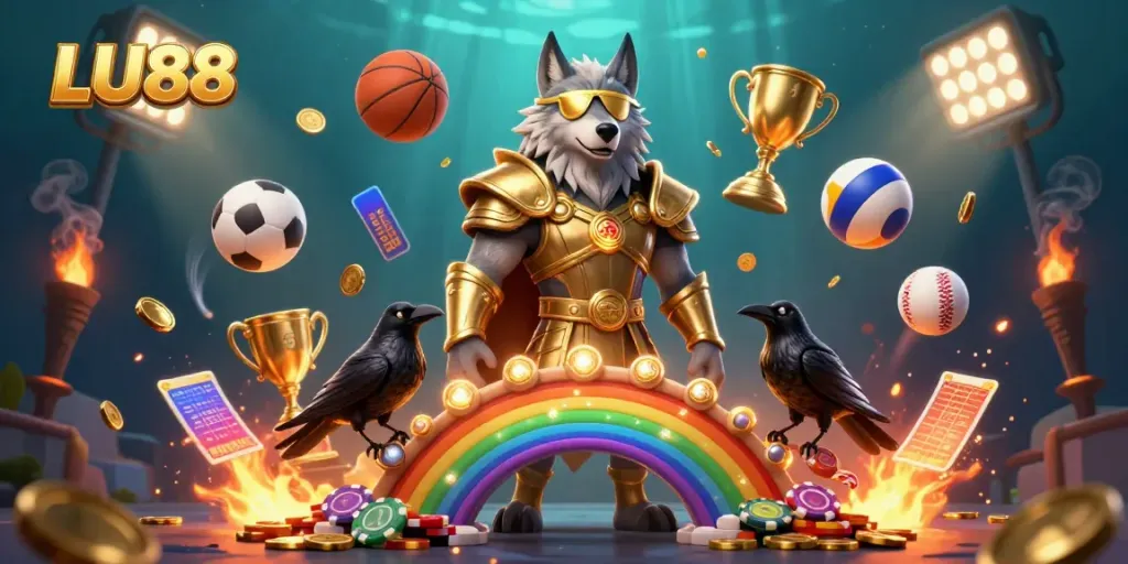LU88 promotes dynamic sports betting with Odin and ravens amidst a vibrant casino landscape.