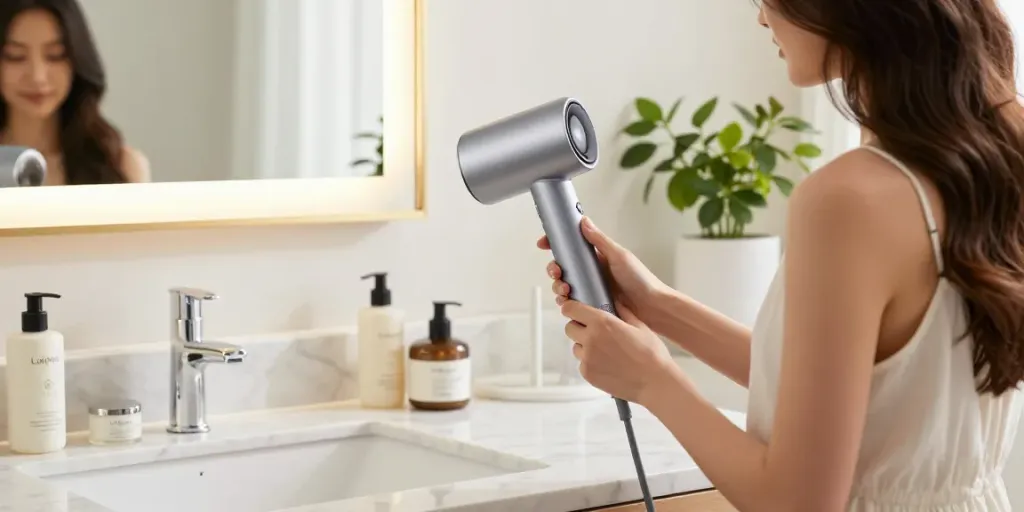 Der Laifen Air Pro Haartrockner in einem eleganten Badezimmer mit luxuriösen Haarpflegeprodukten.