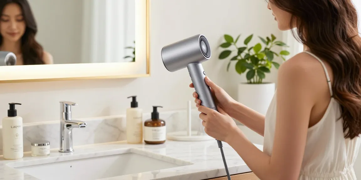 Der Laifen Air Pro Haartrockner in einem eleganten Badezimmer mit luxuriösen Haarpflegeprodukten.