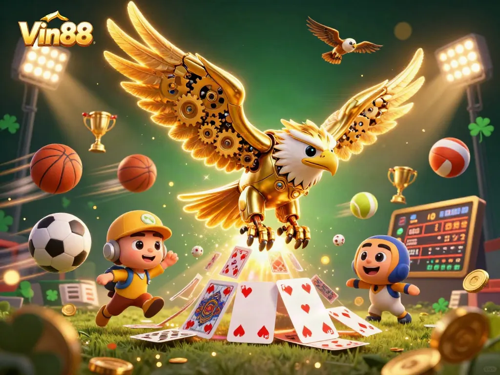 Win at Vin88 with a vibrant 3D casino scene featuring a cybernetic eagle amidst thrilling gaming elements.