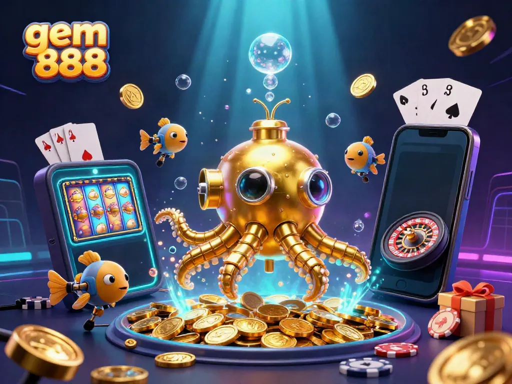 Spin to win with gem 888 in an exhilarating underwater casino adventure filled with gold coins and colorful slot games.