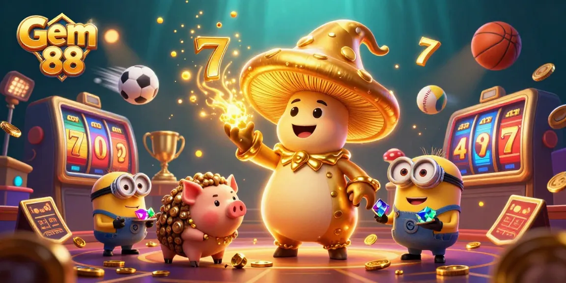 Spin to win big at Gem 88 with vibrant slots, golden trophies, and exciting casino action.