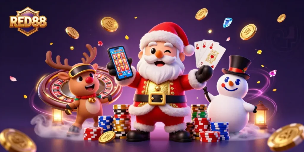 Experience excitement at RED88 casino with Santa, reindeer, and snowman surrounded by jackpots.
