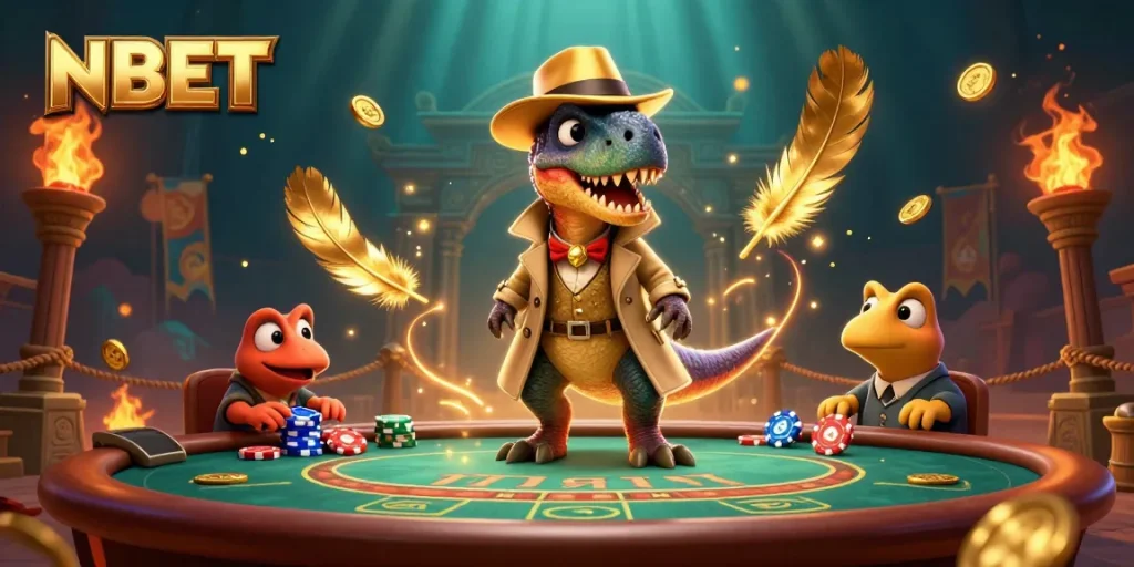 NBET velociraptor card counter at blackjack table, surrounded by casino elements and dynamic effects
