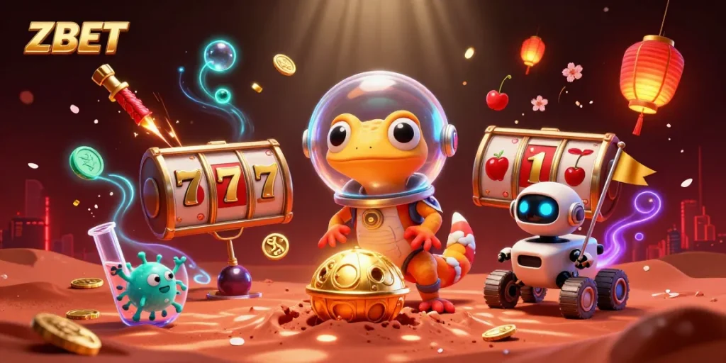 Win big with ZBET at this animated casino scene featuring colorful slot reels and a playful Martian gecko.