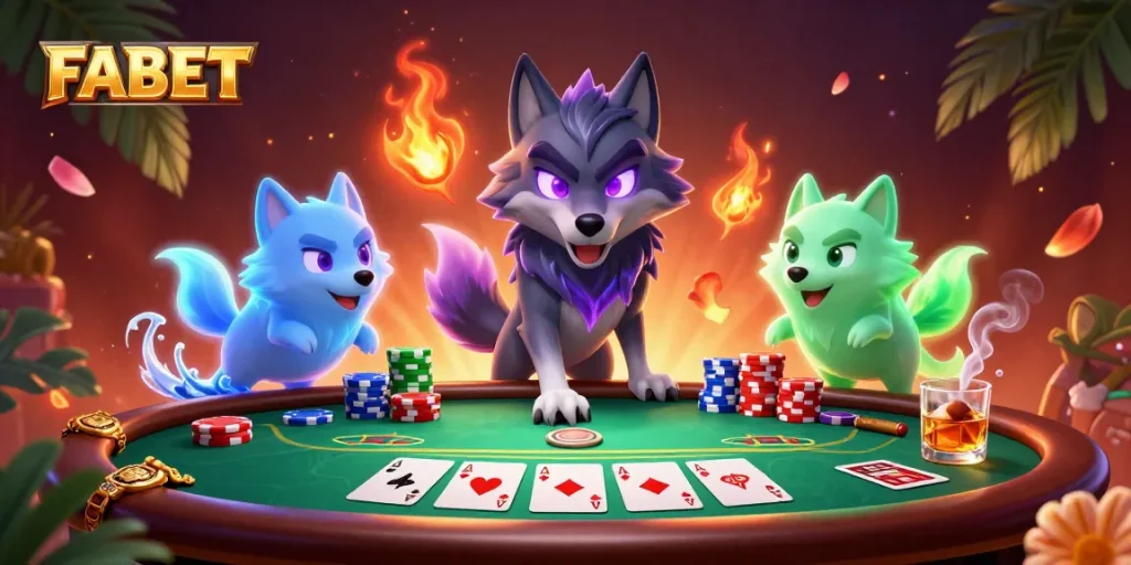 Engage in thrilling poker action with glowing FABET wolves and vibrant casino elements.