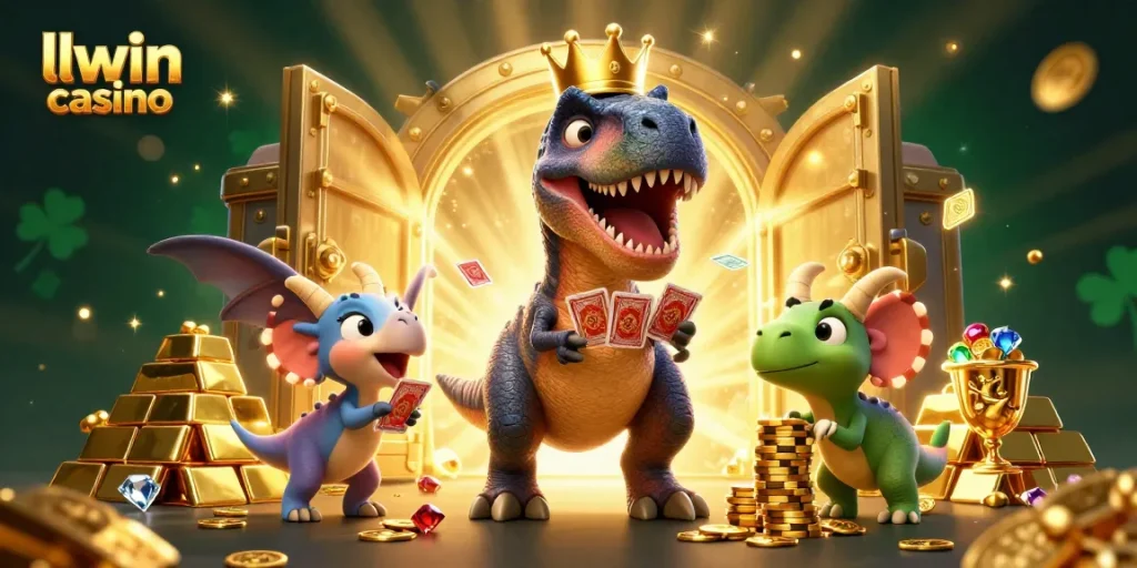 Experience the excitement of llwin casino with T-Rex and friends in a vibrant gambling scene.