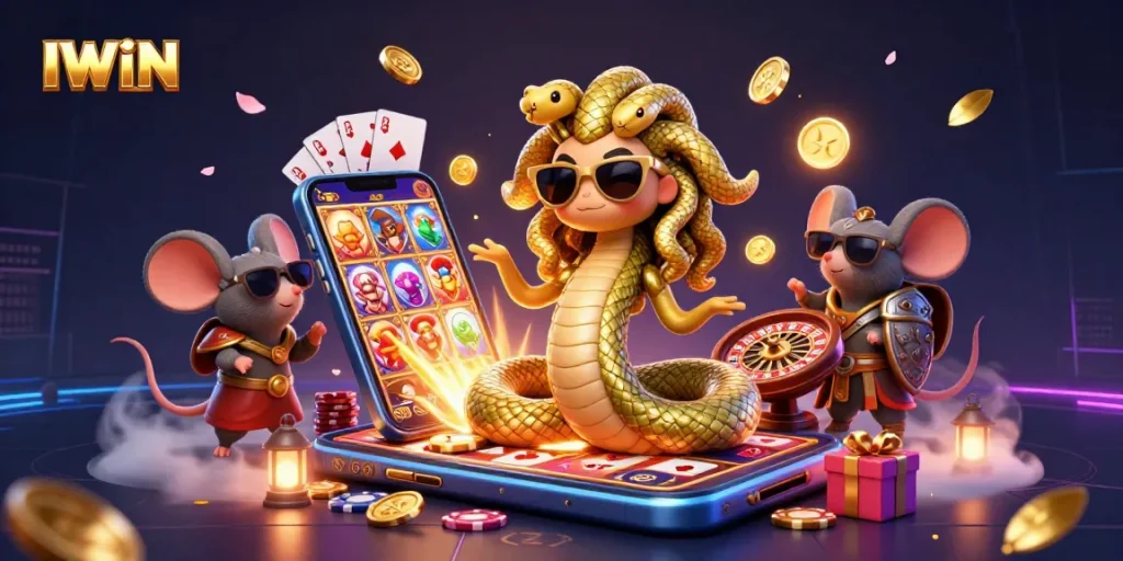 IWIN players participate in an exciting casino-themed scene with Medusa and a warrior mouse.