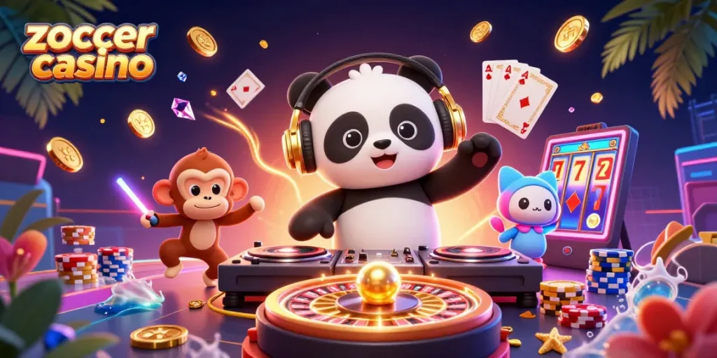 Experience the excitement of zoccer casino with animated characters and casino-themed elements.