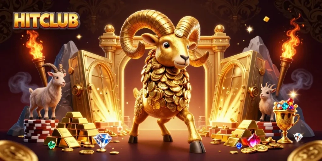 Engage in thrilling HITCLUB gaming with dynamic golden ram charging at a casino gate.