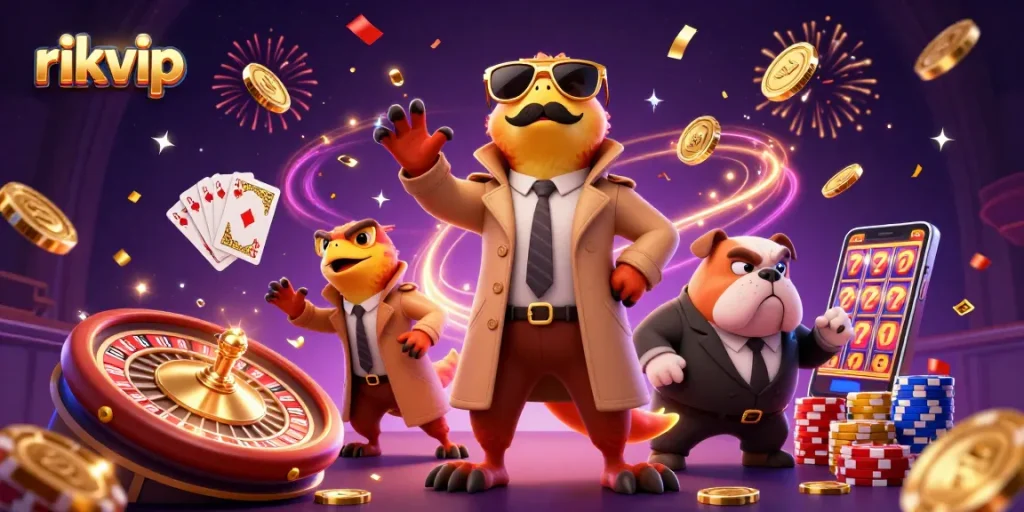 Play exciting games at rikvip, featuring raptors in disguise and vibrant casino elements.