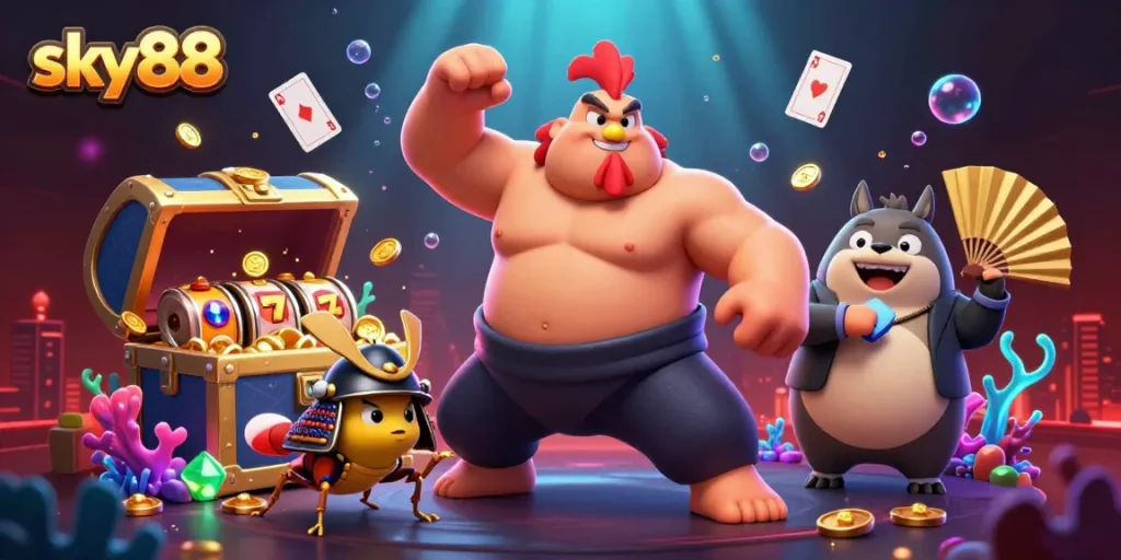 Experience thrilling gameplay with sky88, featuring a powerful sumo wrestler rooster and vibrant slot elements.