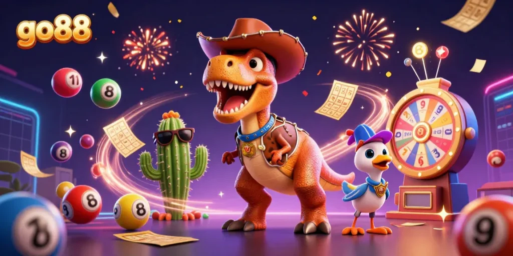 Go88 captivates players with a vibrant gambling scene featuring cheerful characters and lottery elements.